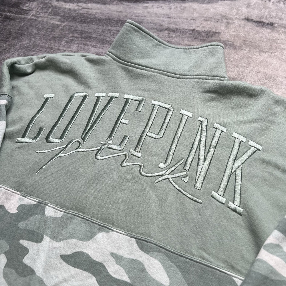 Y2K Victoria Secret Love PINK 1/4 Zip Sweatshirt Camo Green Embroidered Size M - Picture 2 of 7